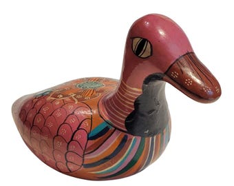 Tonala Duck Figurine Pink Hand Painted, Vintage Mexican Folk Art Ceramic Bird Sculpture, Colorful Floral Collectible, Boho Home Decor