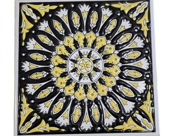 Black Yellow Mandala Ceramic Tile Trivet, Hand Painted Greek Wall Art, Geometric Folk Art Plaque, Mediterranean Decor, Boho Housewarming
