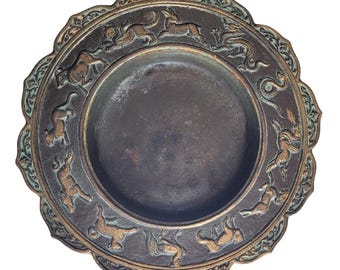 Vintage Brass Chinese Zodiac Dish, Embossed Animal Trinket Bowl, Patina Catchall Tray, Incense Holder, Plant Drip Tray, Boho Home Decor