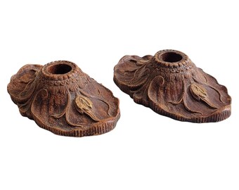 Ornate Antique Brown Resin Taper Candleholder Set, Carved Floral Rustic Candle Holder Pair, Boho Cottagecore Dark Home Decor, Hostess Gift