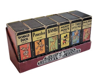 1946 Mickey Mouse Library Of Games, Vintage Disney Card Game Set, Antique Donald Duck Pinocchio Bambi Snow White, Rare Russell Mfg Toy