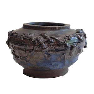 Handmade Stoneware Vase, Rustic Textured Ceramic Bowl, Dark Blue Sculptural Pottery, Artisan Studio Pot, Earthy Home Decor, Unique Desk Art