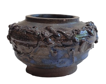 Handmade Stoneware Vase, Rustic Textured Ceramic Bowl, Dark Blue Sculptural Pottery, Artisan Studio Pot, Earthy Home Decor, Unique Desk Art