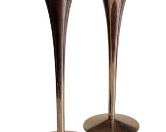 Vintage Stainless Steel Fluted Candlestick Holder, Pair Tulip Taper Candle Holder, Minimalist German Silver Candleholder, Mid Century Modern