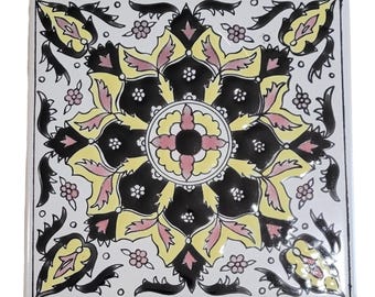 Black Yellow Burgundy White Mandala Ceramic Tile Trivet, Hand Painted Greek Wall Art, Geometric Folk Art Plaque, Mediterranean Decor, Boho