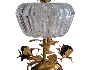 Vintage Italian Crystal Compote Bowl, Hollywood Regency Gilded Rose Lidded Dish, Cut Glass Candy Dish, Gold Tole Floral Centerpiece, Trinket