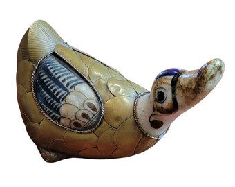 Hand Painted 1970s Mexican Brass Duck Figurine, Blue White Ceramic Bird Sculpture, Mid Century Bustamante Style Collectible Knick Knack