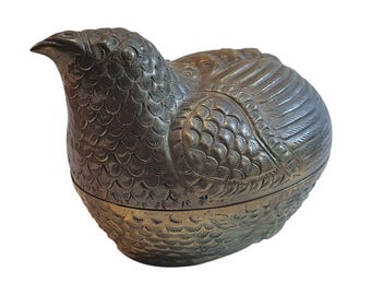 Vintage Brass Bird Betel Nut Box, Repoussé Metal Hen Trinket Box, Southeast Asian Lidded Container, Antique Figural Storage Box