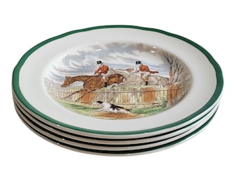 Spode The Hunt Salad Plates Set Of 4, Fox Hunt Scene Transferware, Vintage English Earthenware, J F Herring Equestrian Dinnerware, Scalloped