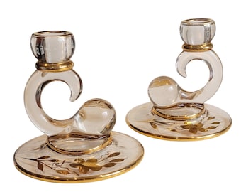 Art Nouveau Clear Glass Candlestick Pair, Gold Floral Swirl Stem Candle Holder Set, Vintage 1970s Home Decor, Mantel Tablescape Centerpiece