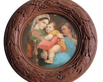 Vintage Round Carved Wood Frame, Madonna And Child Print, Raphael Religious Art, Circular Carved Photo Frame, Antique Wall Decor, 1970s