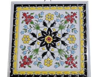 Floral Ceramic Tile, Hand Painted Folk Art Tile, Colorful Mandala Wall Tile, Mediterranean Boho Wall Decor, Eclectic Housewarming Gift
