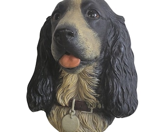 Vintage Bossons Chalkware Spaniel, 1960s Black Gray Dog Wall Hanging Plaque, Cocker Spaniel Figurine, Retro Collectible Dog Lover Decor
