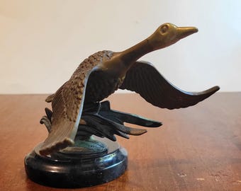 Vintage Brass Flying Goose Figurine On Marble Base, Patina Canadian Goose Sculpture, Waterfowl Statue, Duck Hunter Decor, Collectible Gift