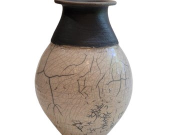 Raku Fired Studio Pottery Vase, Crackle Glaze Ceramic Vase, Vintage 1990s Handmade Flower Vase, Black White Art Pottery, Boho Home Decor