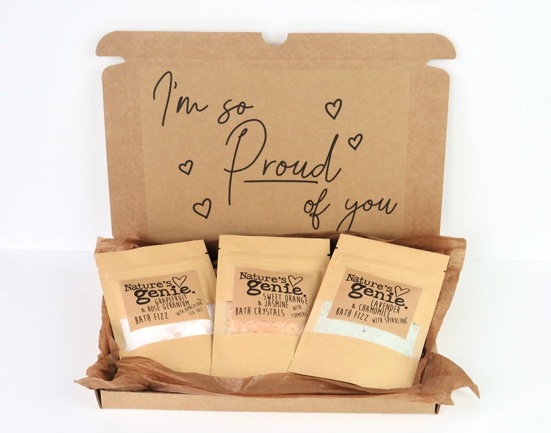 Proud of You Organic Bath Gift set, Letterbox Gift self care pamper spa set congratulations, Well Done, Thank you gift, Bath salt gift box image 1