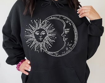 Black Boho Sun and Moon Hoodie, Celestial Sun and Moon Sweatshirt, Sun and Moon Shirt, Hippie Hoodie, Bohemian Sun and Moon, Festival Shirt