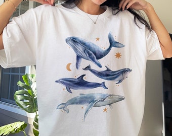 Camisa retro de ballena, camisa estética, camisa de sol y luna, ropa grunge, camisa ambiental, camisa de moda, camisa del océano, camisa oversize, camisa de verano