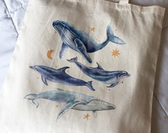 Celestial Whale Tote Bag Cute Tote Bags Trendy Aesthetic Bag Market Bag Ocean Canvas Shoulder Bag Shopping Bag Eco Friendly Small Tote Bag