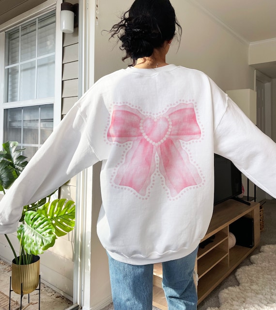 Pink Bow Sweatshirt Ribbon Crew Neck Sweatshirt Valentines Gift Trendy Ribbon Crewneck Cute Ribbon Shirt Womens Clothes Coquette Aesthetic