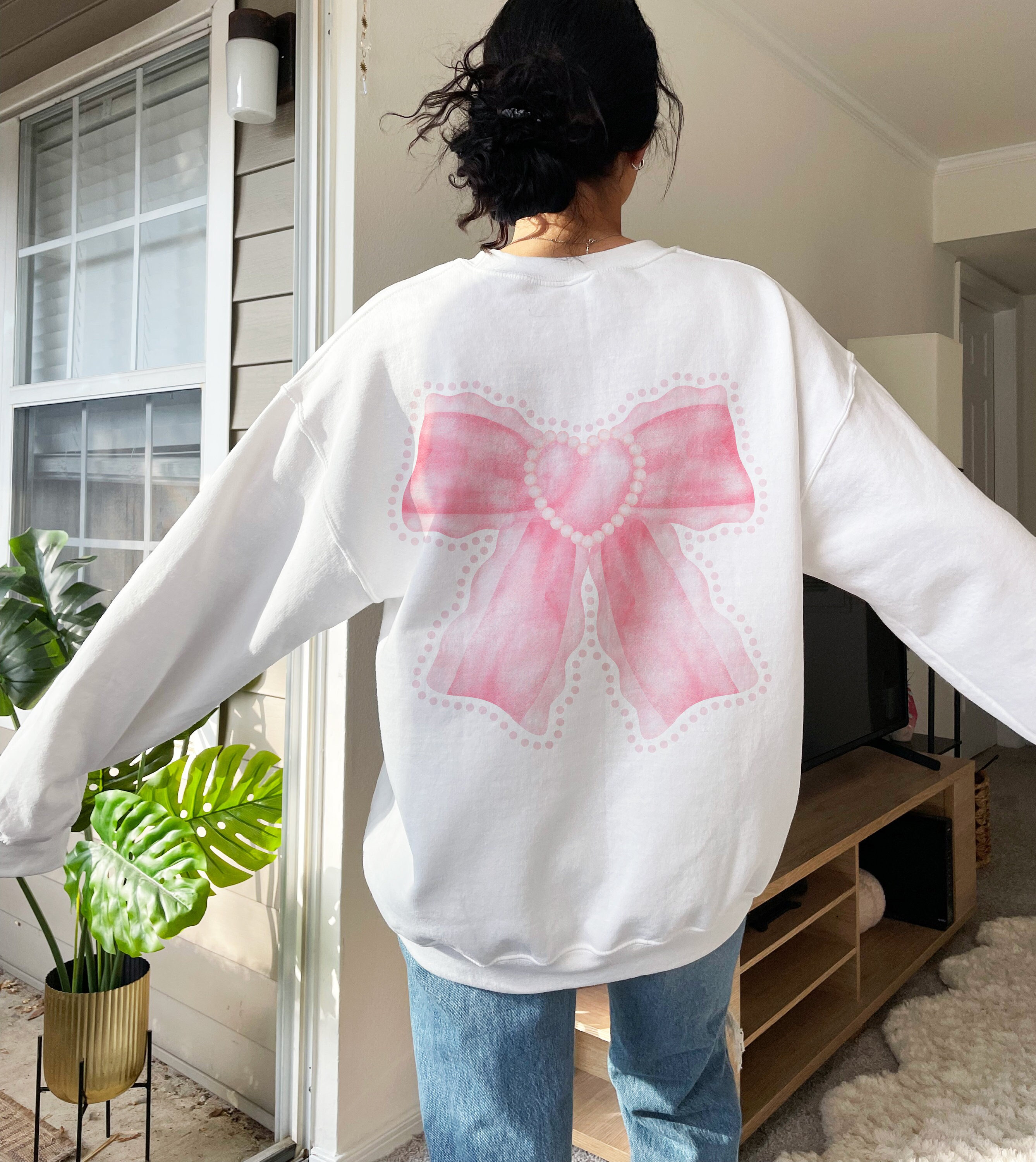 トップス [muguet]bijou ribbon sweat Peach Love Ribbon and Boots Sequin Embroidered Sweatshirt in