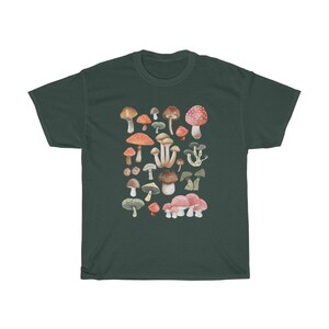 May include: A dark green t-shirt with a white print of various mushrooms in different colors and shapes.