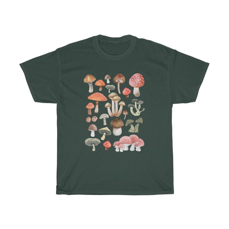 May include: A dark green t-shirt with a white print of various mushrooms in different colors and shapes.