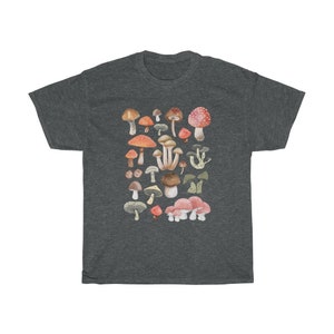 May include: A dark heather grey t-shirt with a colorful mushroom print. The mushrooms are various shades of red, orange, brown, and white.