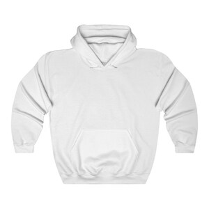 May include: A white hooded sweatshirt with a kangaroo pocket. The long-sleeved top has a drawstring hood and ribbed cuffs and hem. The casual garment is made of a soft, comfortable material.