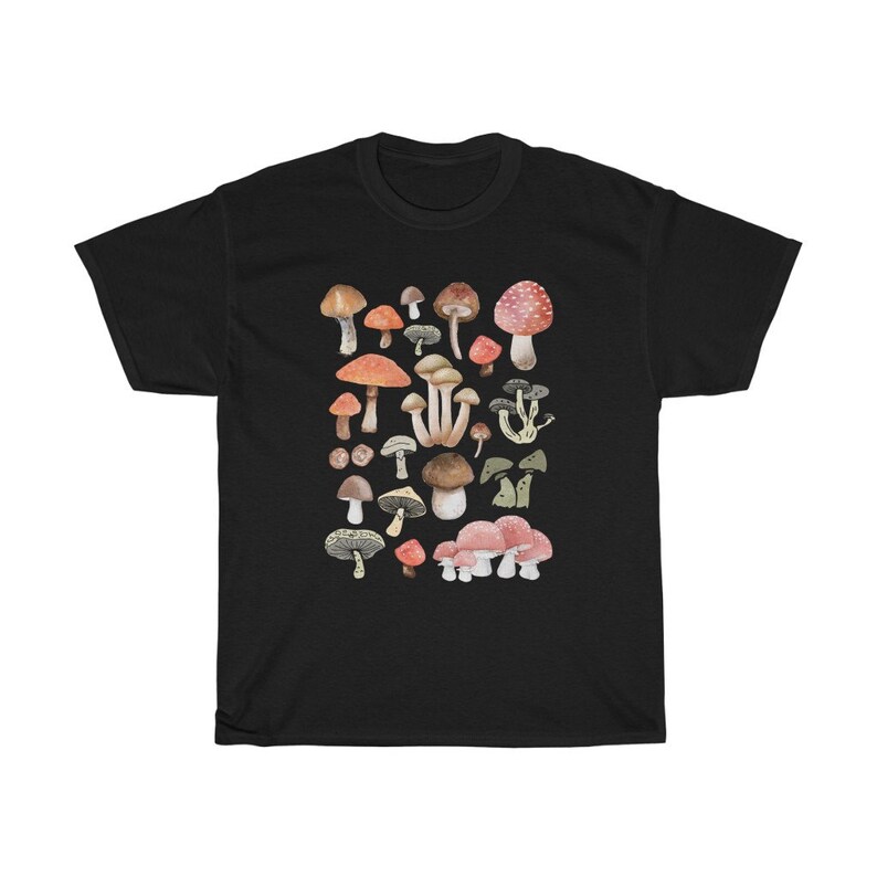 May include: Black t-shirt with a colorful mushroom print. The mushrooms are various shapes and sizes, with red, orange, brown, and white caps.