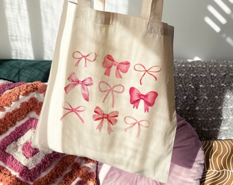 Ribbon Bow Tote Bag Coquette Bachelorette Bridesmaid Gifts Girly Pink Coquette Aesthetic Feminine Tote Cute Tote Bags Small Tote Bag Trendy
