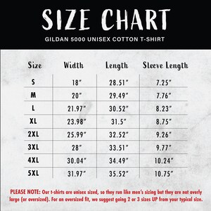 Puede incluir: Tabla de tallas para camisetas de algod&oacute;n unisex Gildan 5000. La tabla muestra las tallas S a 5XL con las medidas de ancho, largo y manga correspondientes en pulgadas.