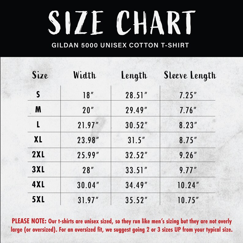 Puede incluir: Tabla de tallas para camisetas de algod&oacute;n unisex Gildan 5000. La tabla muestra las tallas S a 5XL con las medidas de ancho, largo y manga correspondientes en pulgadas.