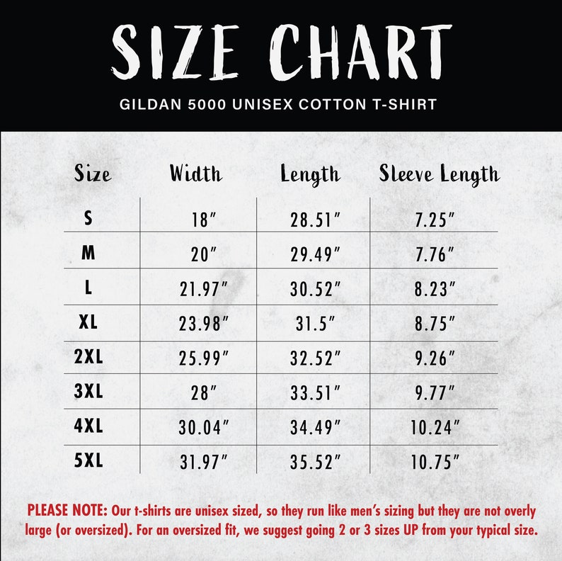 May include: Size chart for Gildan 5000 unisex cotton t-shirts. The chart shows sizes S through 5XL with corresponding width, length, and sleeve length measurements in inches.