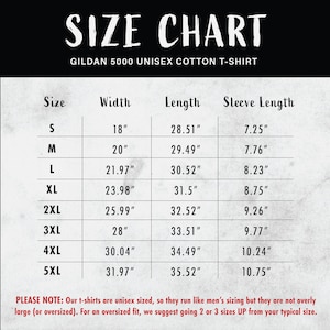 May include: Size chart for Gildan 5000 unisex cotton t-shirts. The chart shows sizes S through 5XL with corresponding width, length, and sleeve length measurements in inches.