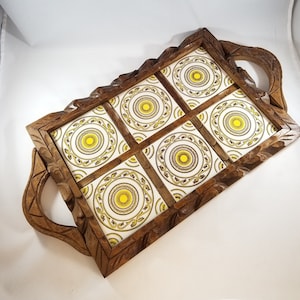 Vintage Mexican Tile & Wood Serving Tray | Hand Carved