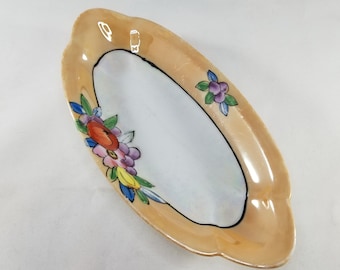 Vintage Japan Peach Lusterware Oval Trinket Dish | Hand Painted