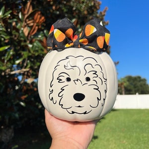May include: White ceramic pumpkin with a black and orange candy corn bow and a black and white doodle of a dog's face.