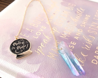 Black Glitter 24 kt Gold Crystal Bookmark, Spiritual Enamel Charm, Blue, Pink Titanium Quartz Crystal Ball Charm Bookmark