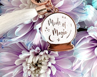 White 24kt Rose Gold Glitter Keychain, Crystal ball, Made of Magic, Enamel Glitter Charm, rose gold keyring, Gold Glitter keychain