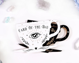 Teacup Tarot Card Holder, Card of the day | Gold + White - Wood, Spiritual gift | Oracle display stand | Altar Accessories,