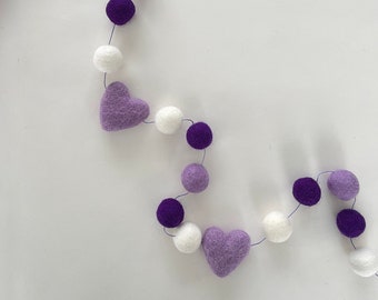 lavender heart garland, purple  felt ball garland, customizable felted wool decoration