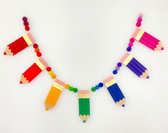 Wool Felt Pencil Garland: Rainbow Back to School Classroom Decor