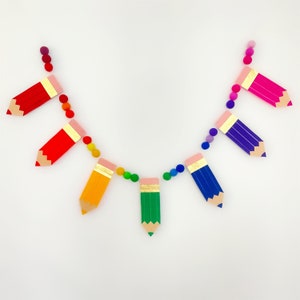 felt pencil garland, back to school rainbow classroom decoration, montessori style decor, customizable pencil banner