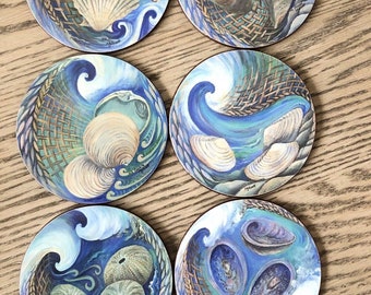 New Zealand Artist MJ Scott: Round Coaster Set of (6), "N2" Coastal Finds, Coated & Cork Backed - Fun Vintage Estate Find, Gift Quality!