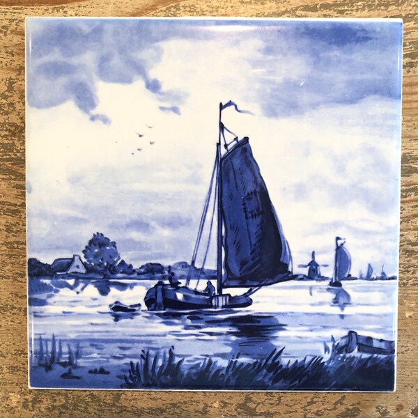 Vintage WENCZEL Holland Delft : Handpainted, Navy Blue, Sailboats Windmill Nautical Dutch Scene, Collectible Tile / Trivet 6"x6" Rare Find!