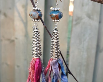 Recycled Sari Silk Long Bloom Earrings, Handmade Colorful Tassel Earrings