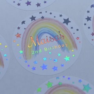 Personalised Foiled Happy Birthday Rainbow Stickers, Party Bag Stickers, Party Favour Seals, 1st Birthday, Rose gold, Sweet Cone Sticker
