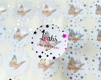 Personalised Foiled Happy Birthday Butterfly Stickers, Party Bag Stickers, Party Favour Seals, 1st Birthday, Rose gold, Sweet Cone Sticker