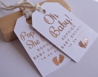 Étiquettes décoratives pour baby shower personnalisées Oh Baby Stickers bébé | Cadeaux de Noël prêts à être décorés pour une fête prénatale Étiquette pour fête prénatale | Or rose